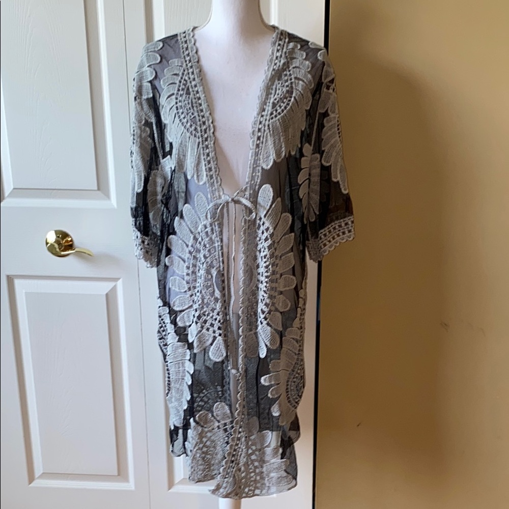 Ember Sheer Black Floral Kimono Swim Cover Up L